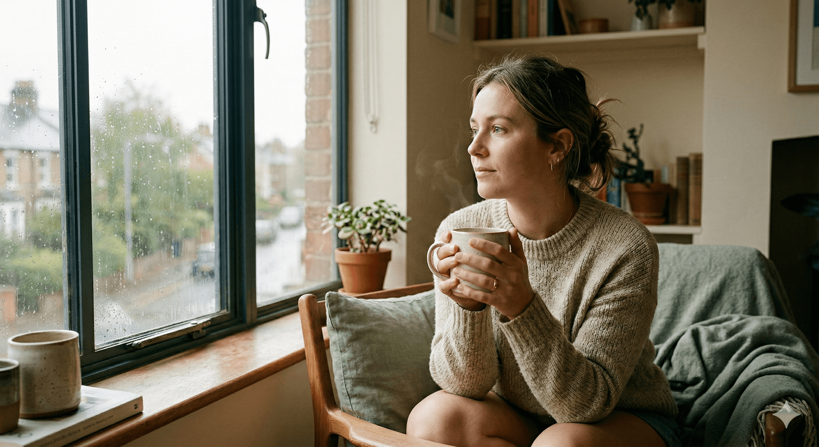Woman sitting by a rainy window holding a warm mug, reflecting quietly — journaling for anxiety awareness and emotional pattern recognition