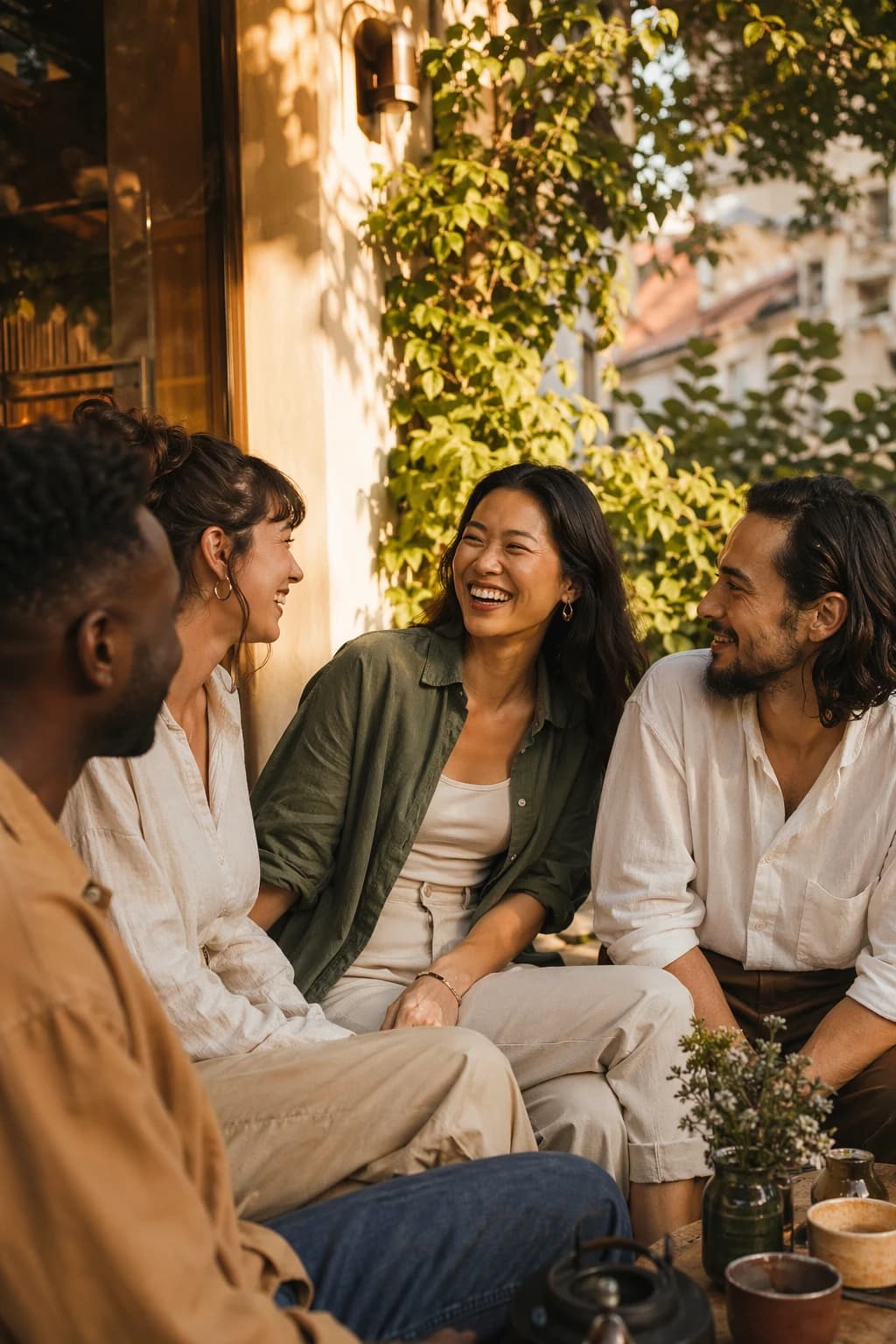 A diverse group of friends sharing a warm laugh together outside