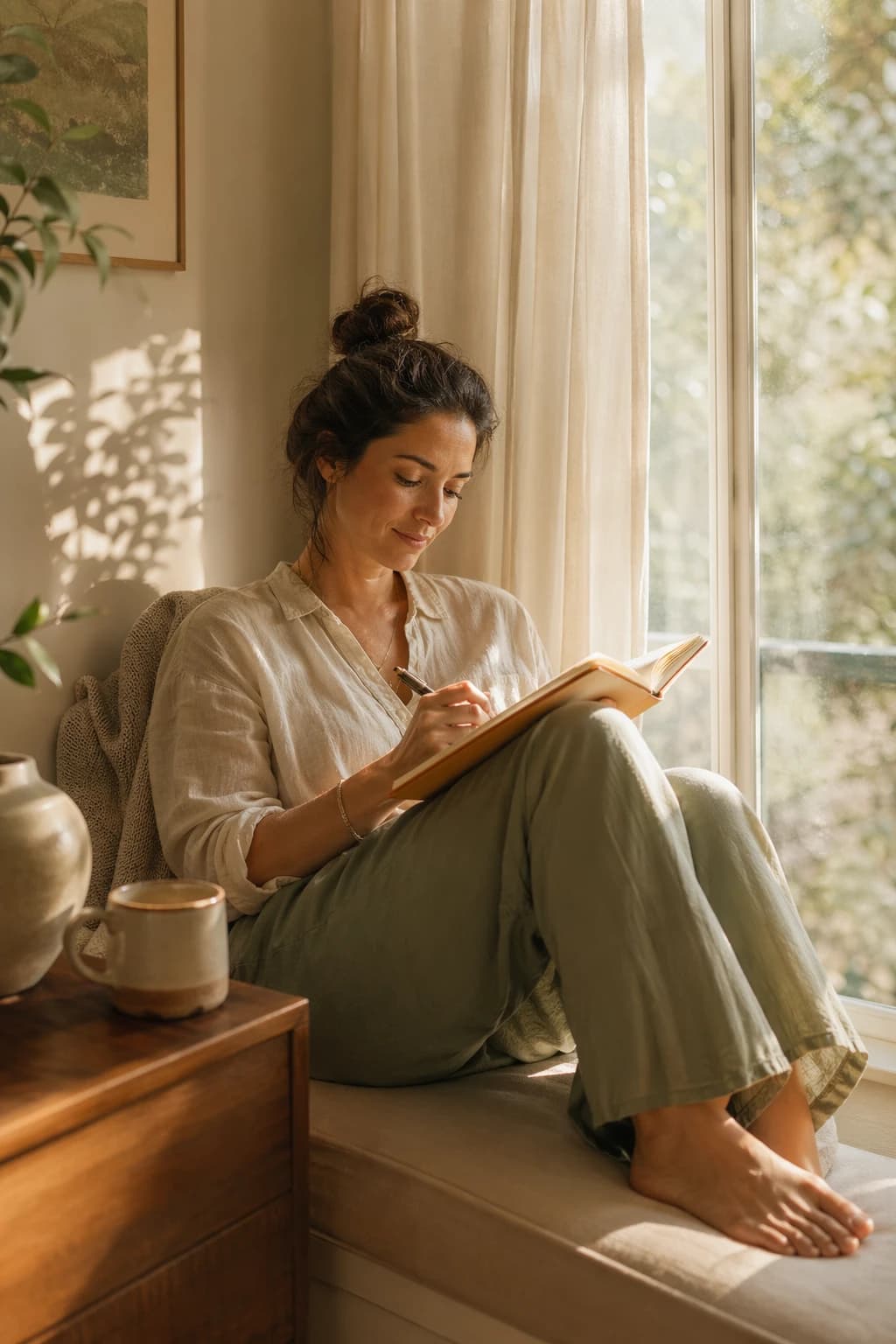 A peaceful person journaling by a sunlit window