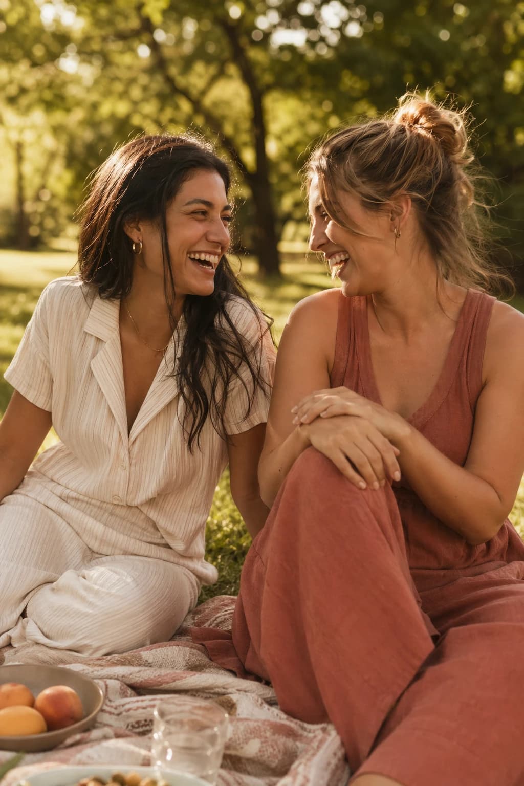 Two friends laughing together on a picnic blanket in warm afternoon light