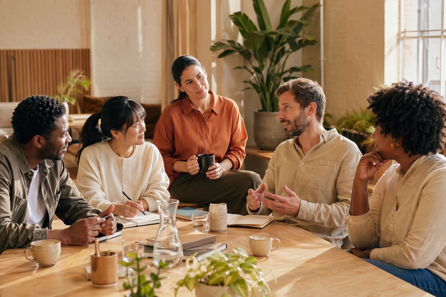 A diverse group of teammates gathered around a table in warm afternoon light, smiling in conversation.