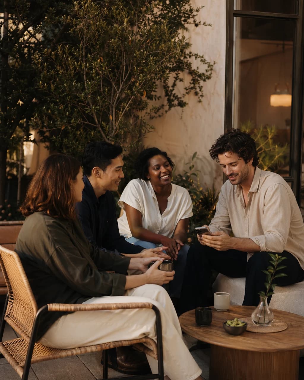A mixed team seated together on a sunlit patio, checking in and laughing after a day of work.