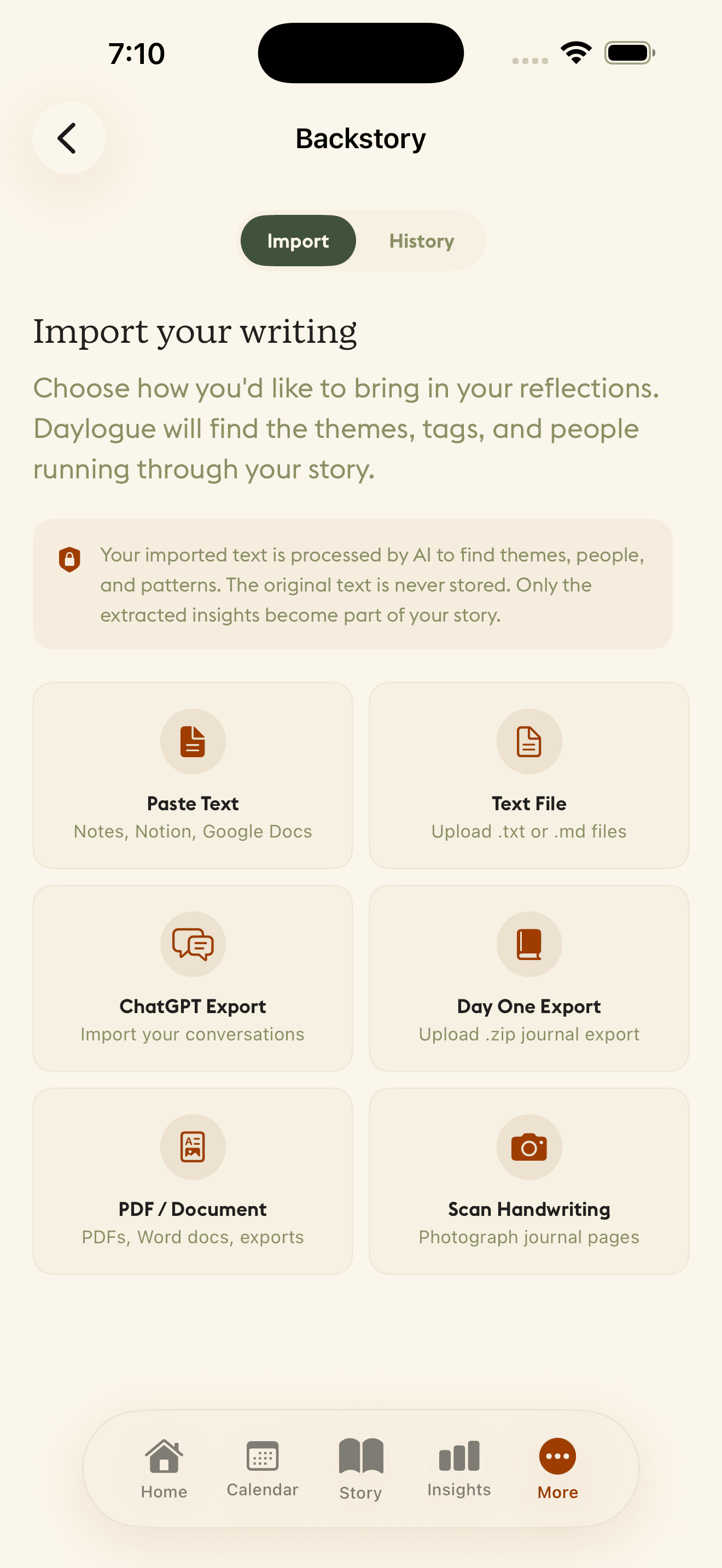 Daylogue iOS Backstory import screen showing six ways to bring past journals into your timeline including Paste Text, ChatGPT Export, Day One Export, PDF, and Scan Handwriting
