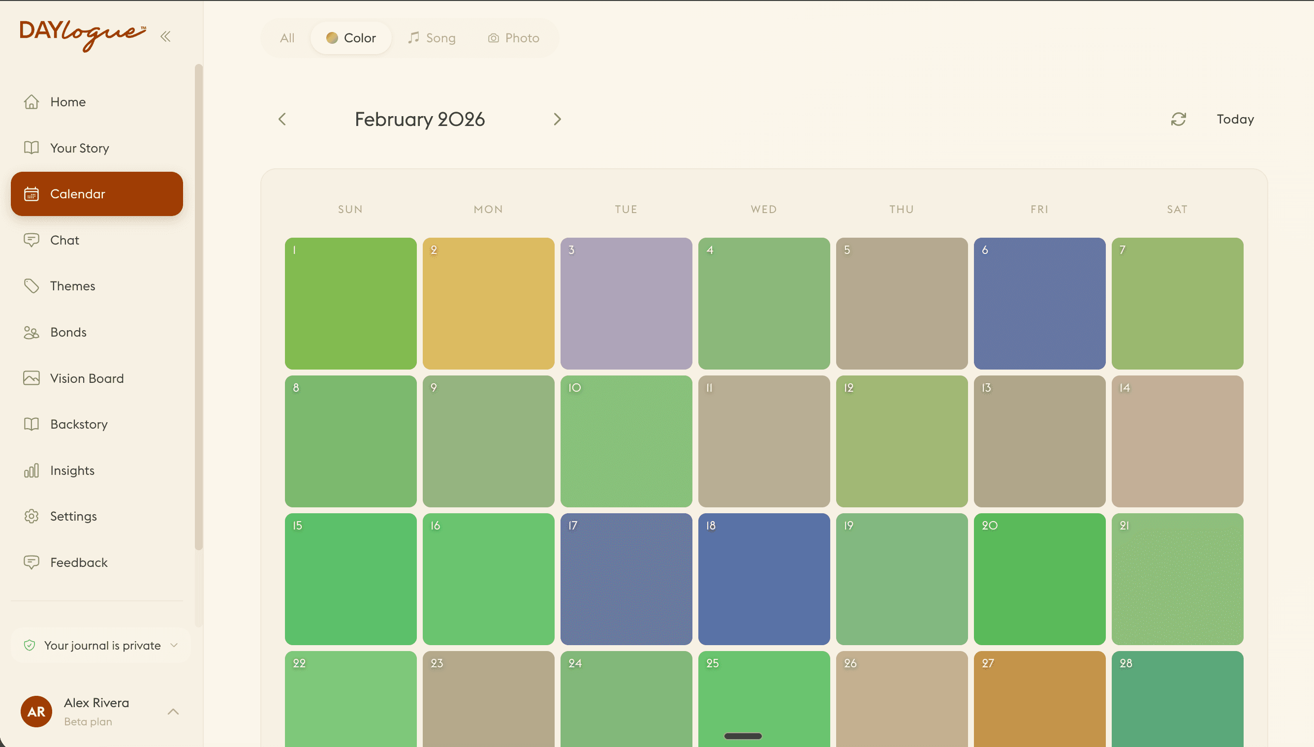 Daylogue Chromascape calendar view showing a month of daily emotion colors mapped across February 2026 for visual emotional awareness