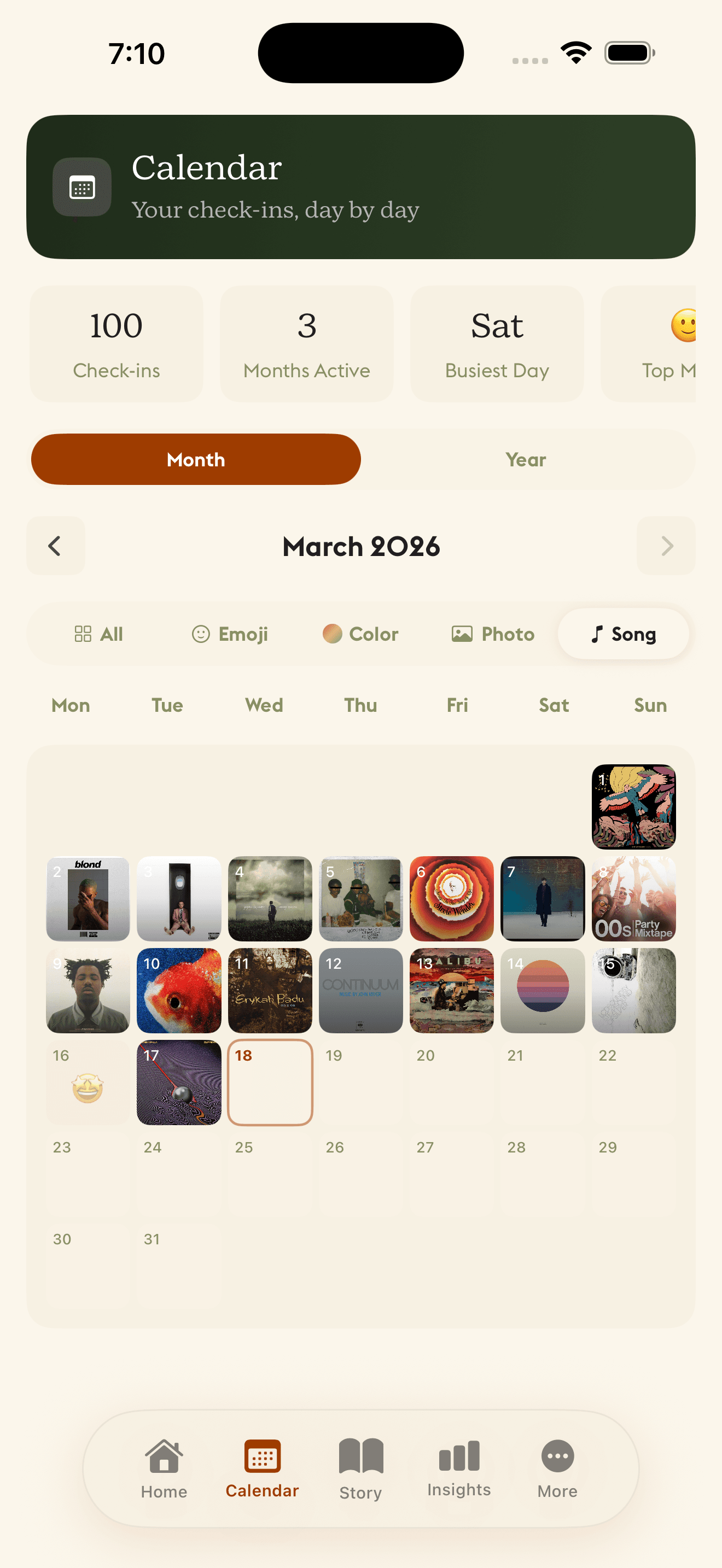Daylogue Logue Soundtrack calendar showing album art for each day, connecting music to emotional moments through Apple Music integration