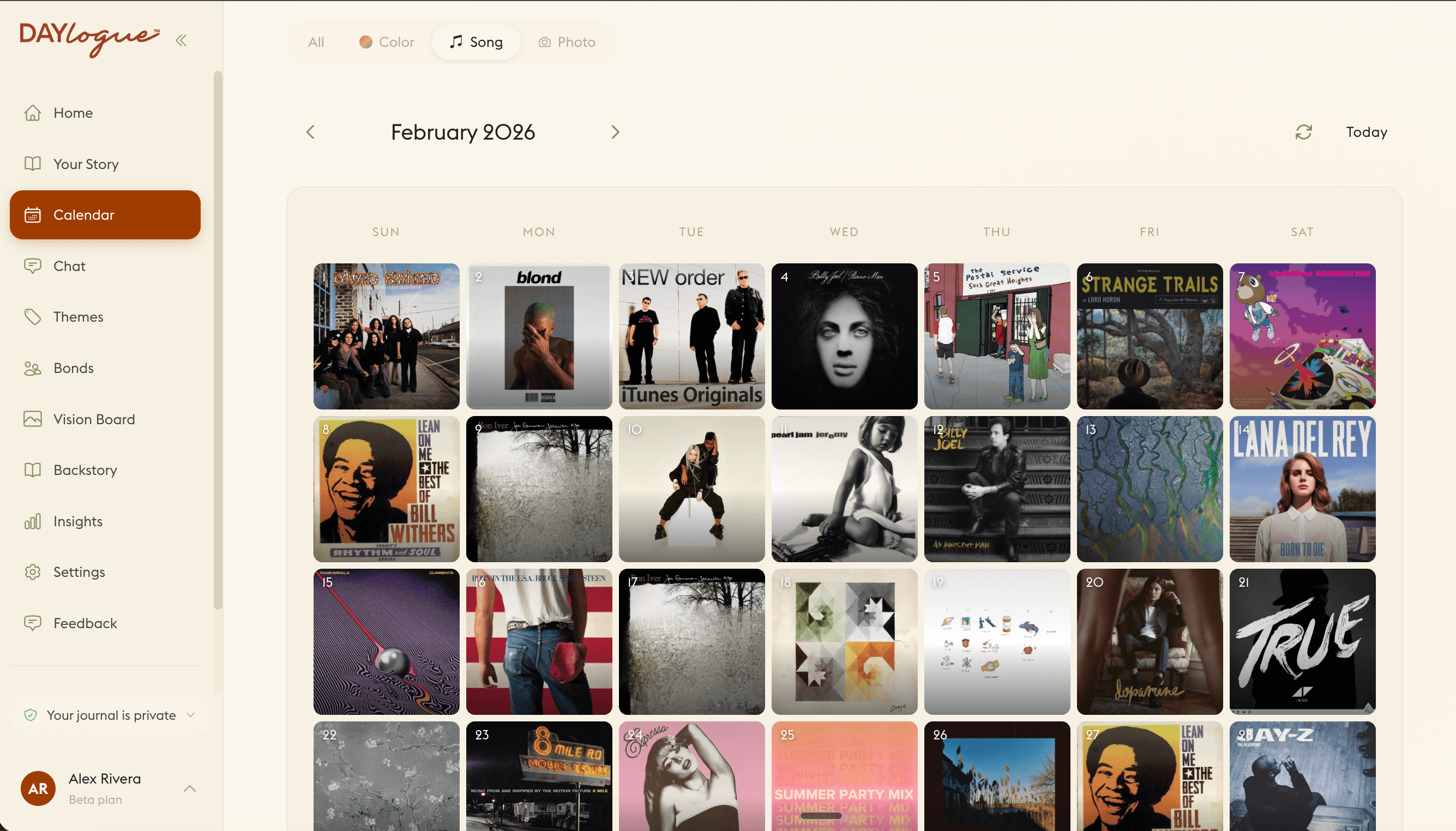 Daylogue Calendar Song view showing a month of album artwork arranged in a calendar grid, each day assigned an album matching the emotional tone of that day's check-in