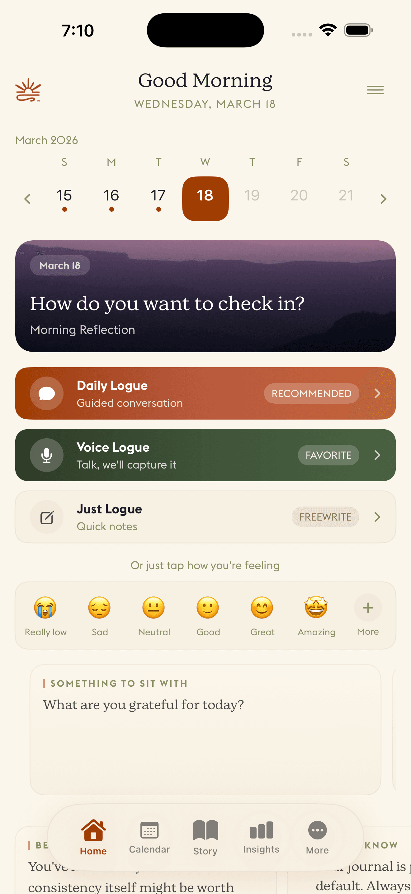 Daylogue iOS home screen showing Daily Logue, Voice Logue, and Just Logue check-in options with emoji mood selector for quick emotional journaling