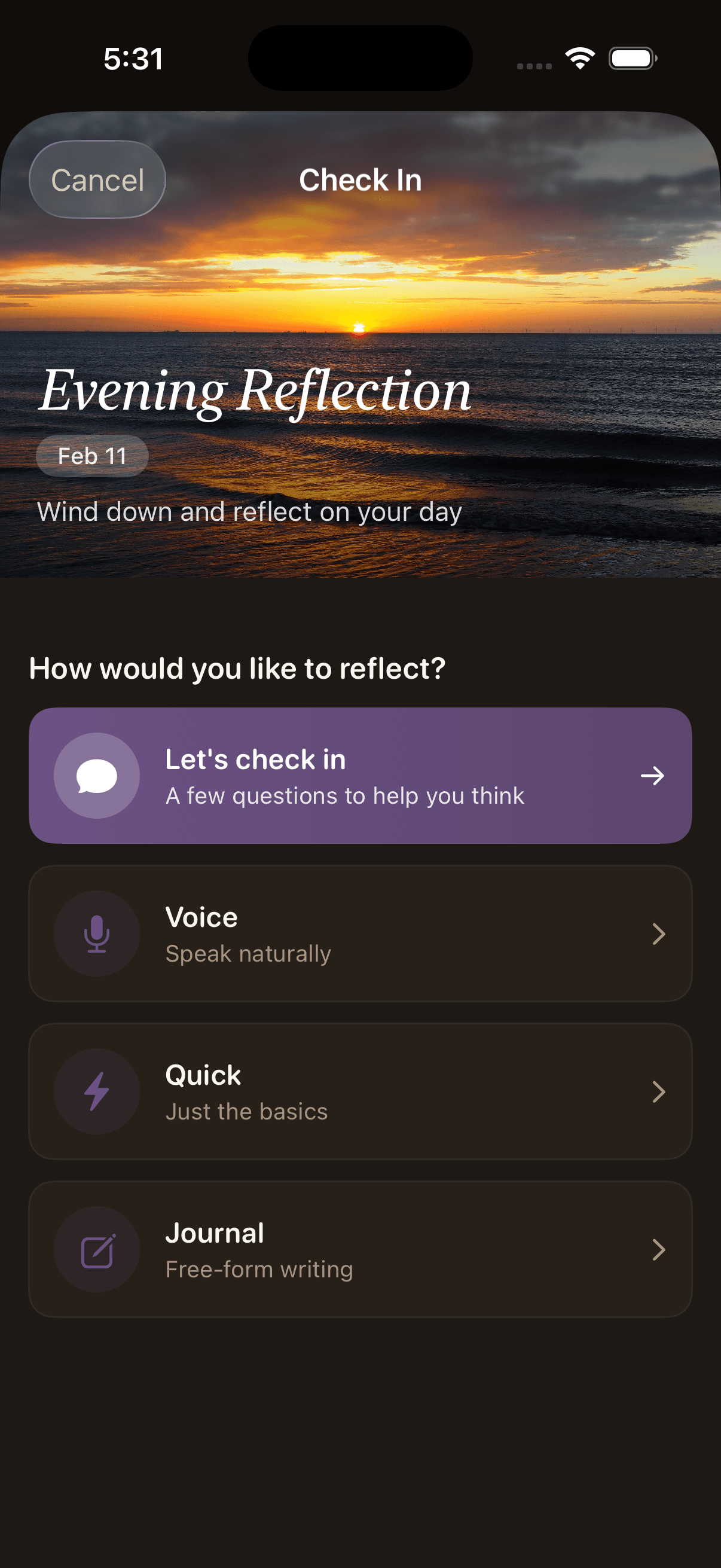 Daylogue two-minute daily check-in with AI-guided mood and emotion questions
