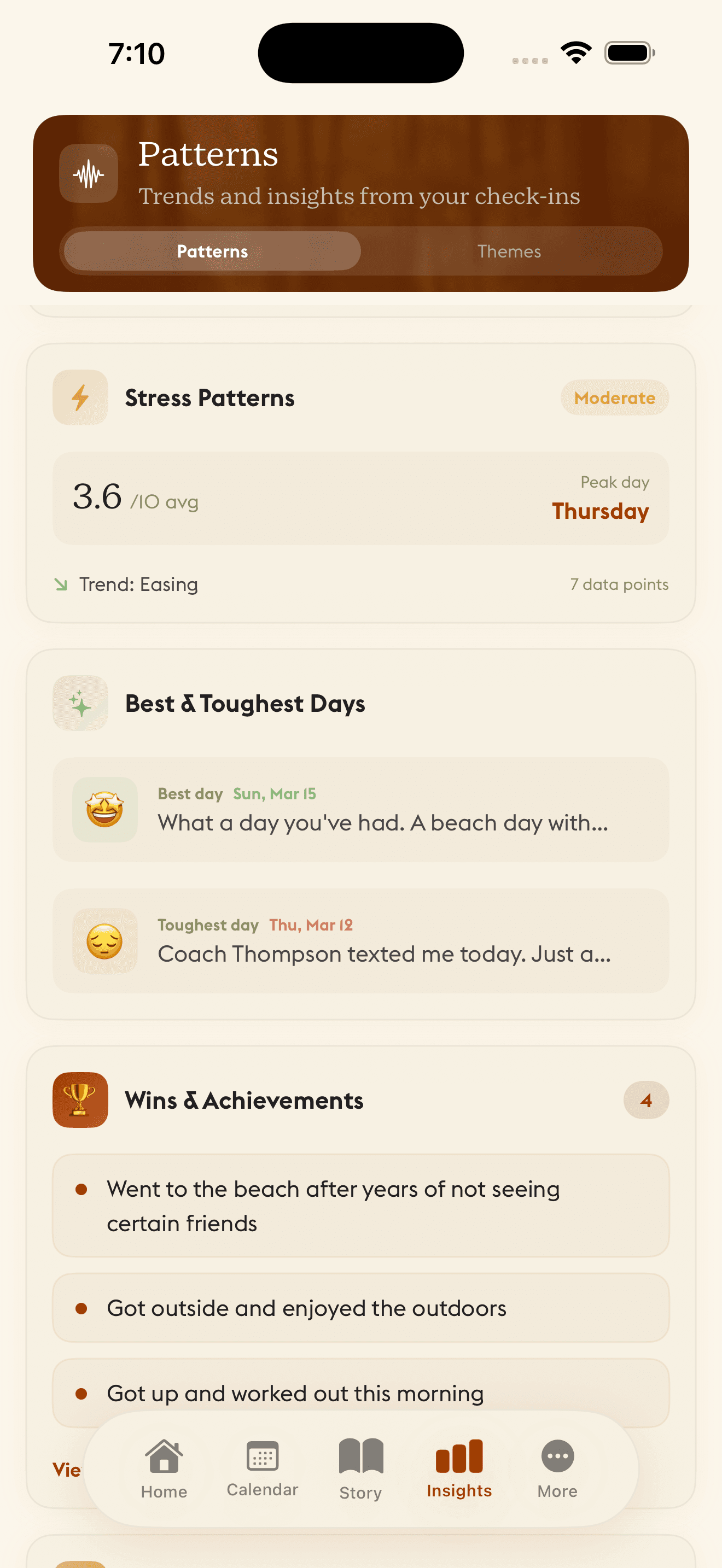 Daylogue Patterns insights showing stress trends, best and toughest days with journal excerpts, and wins and achievements for weekly emotional wellness tracking