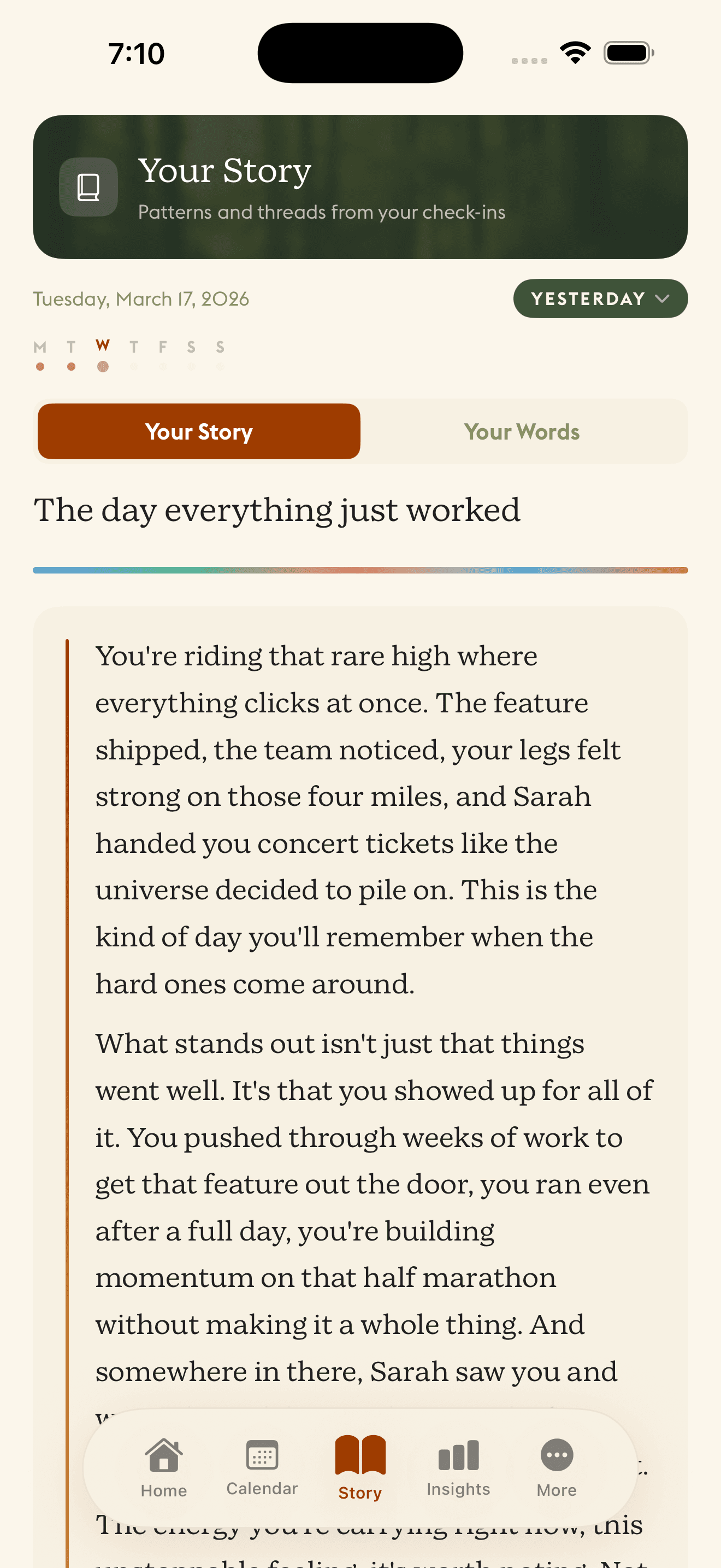 Daylogue daily narrative enriched by imported backstory journals showing deeper personalized storytelling