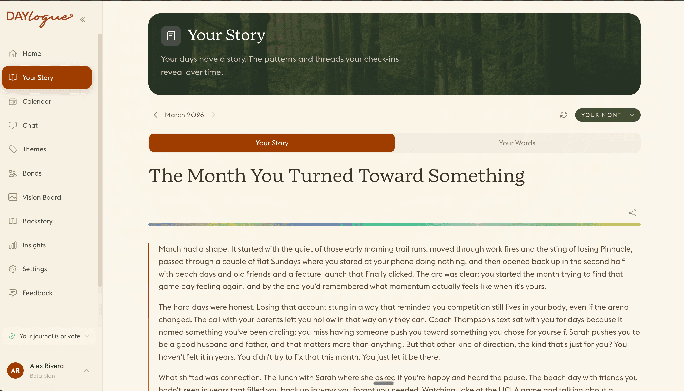 Daylogue Narrative Engine showing a monthly story titled 'The Month You Turned Toward Something', synthesized from a user's check-in data