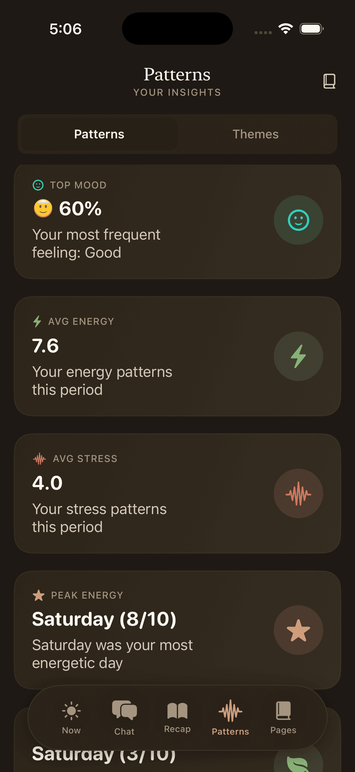 Daylogue emotional pattern recognition showing weekly and monthly mood and stress insights