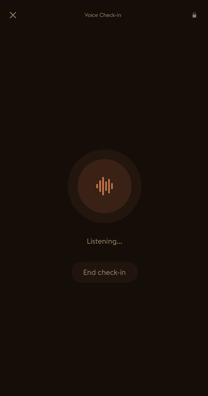 Daylogue Voice Check-in screen showing active listening mode with audio waveform visualization for hands-free emotional journaling