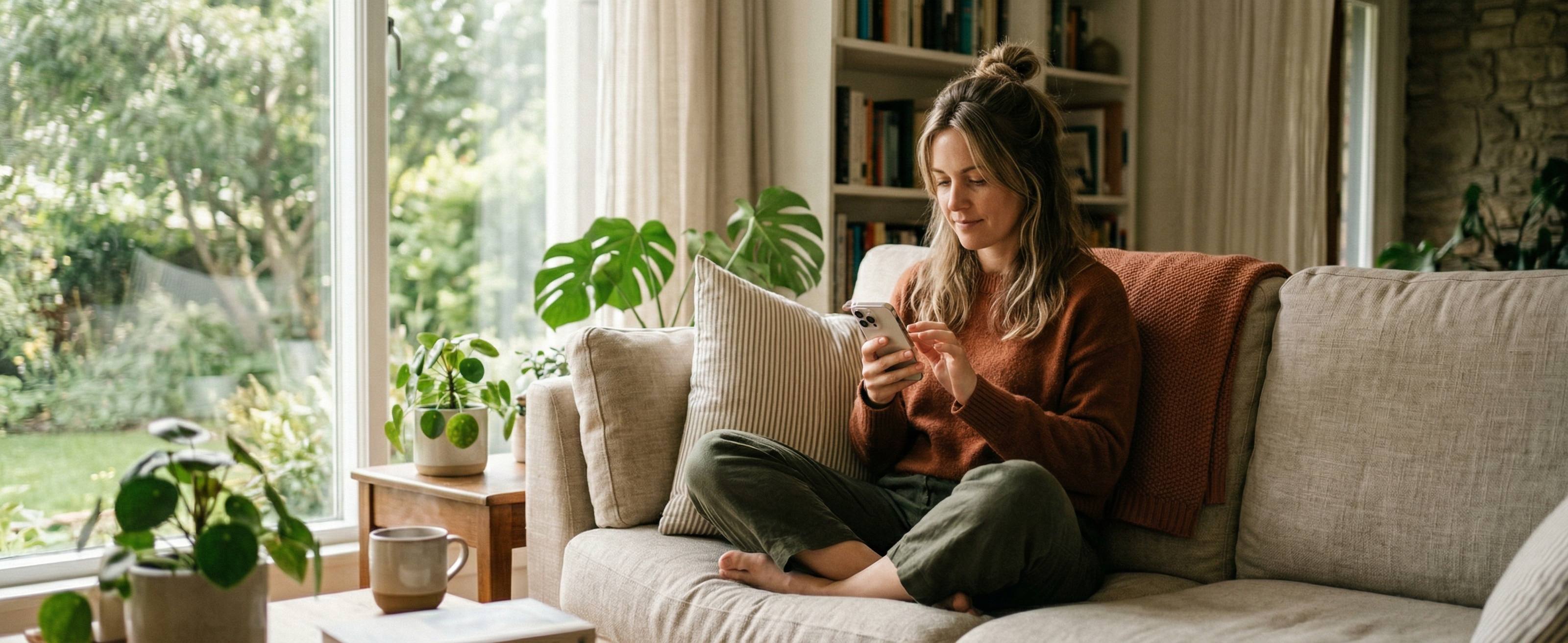 Woman sitting on her couch scrolling her phone in warm morning light — taking a personality assessment for self-awareness