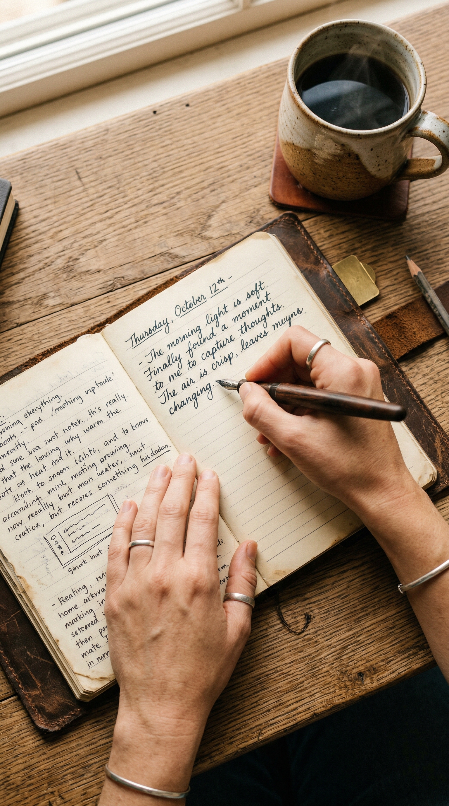 Hands writing in a leather journal with a fountain pen beside a coffee mug — reflective journaling for personality growth