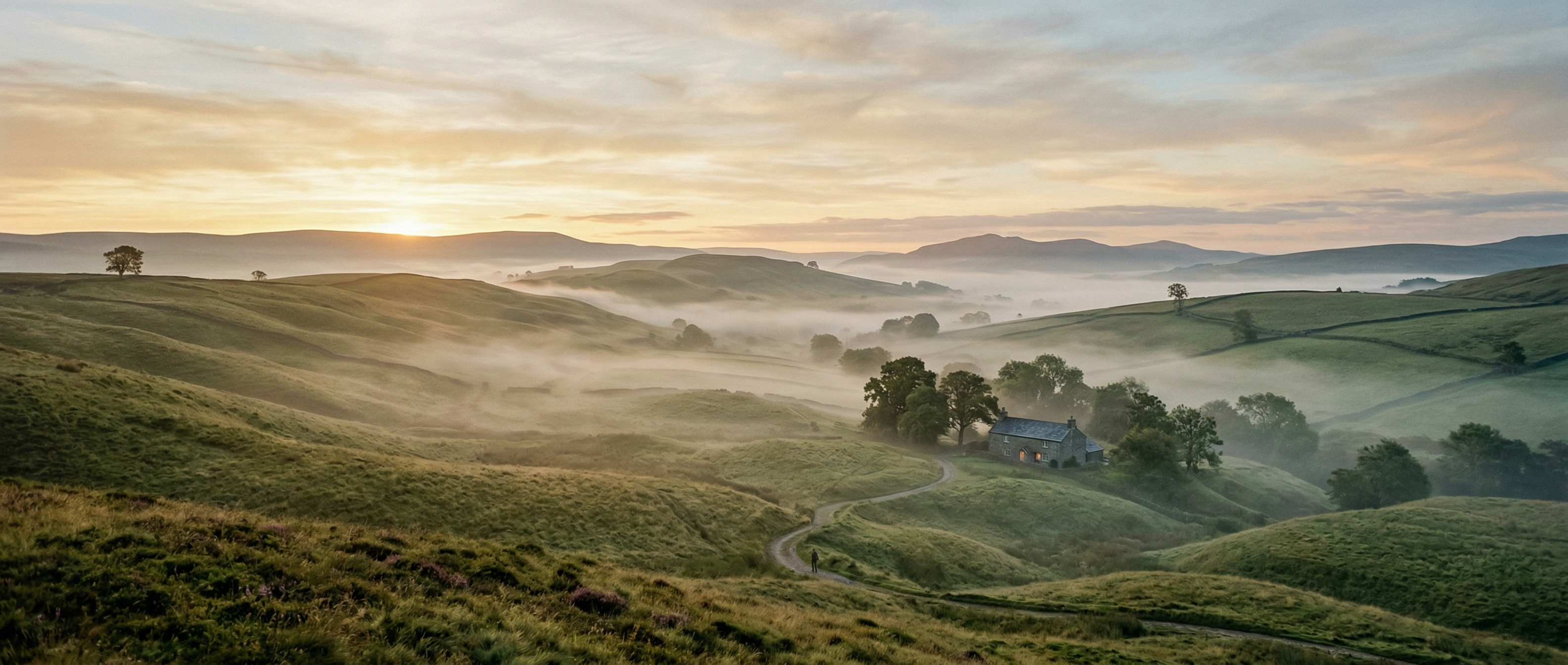 Golden hour sunrise over misty rolling green hills — a moment of calm reflection and self-discovery