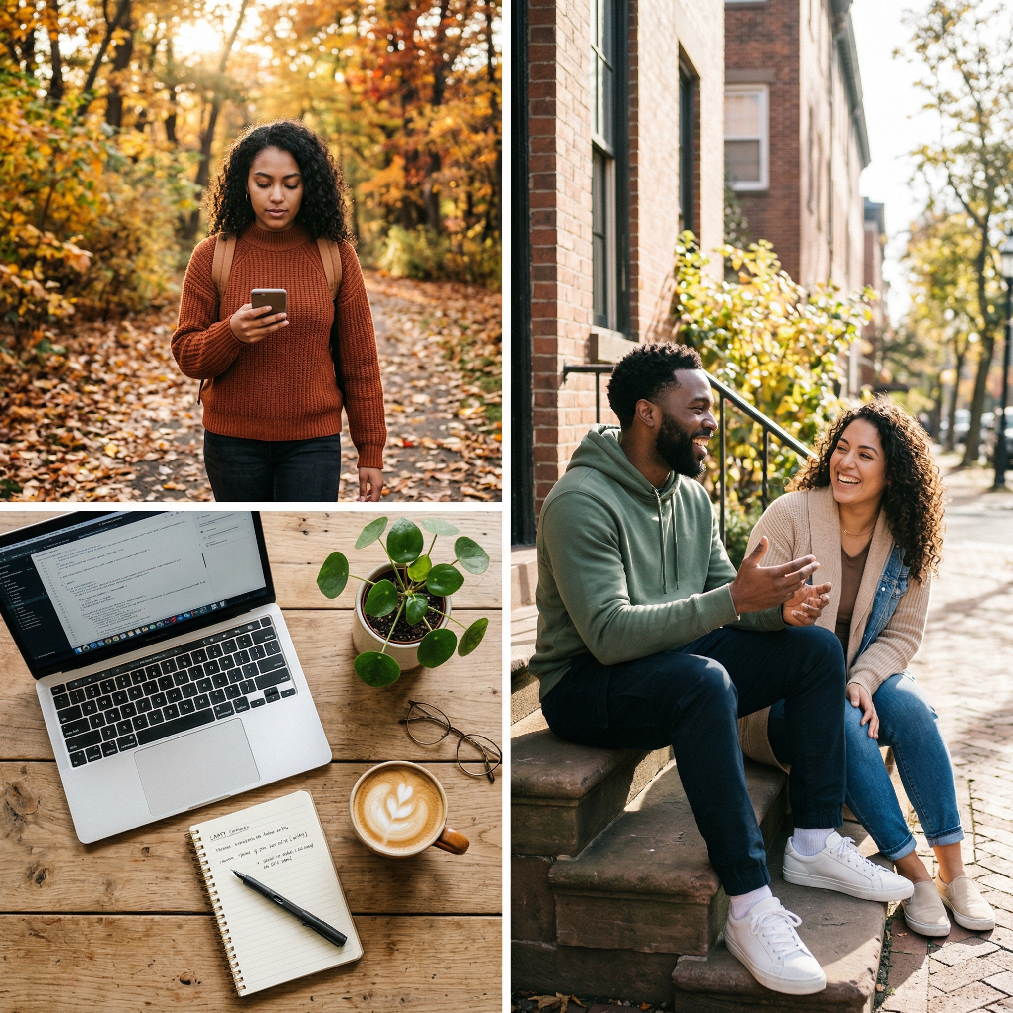 Woman checking her phone on an autumn walk — candid self-reflection moment