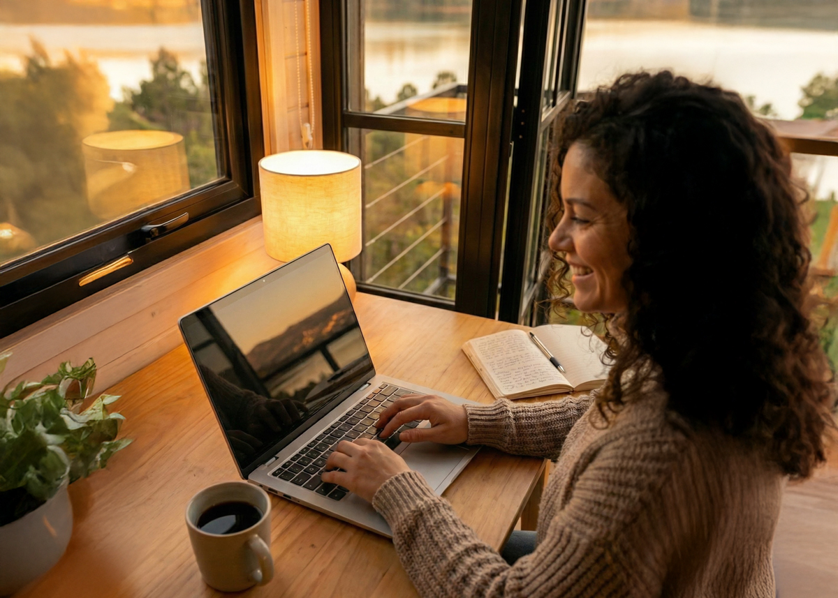 Woman journaling at a sunlit desk, building self-awareness through daily reflection — the kind of mindful practice Daylogue supports